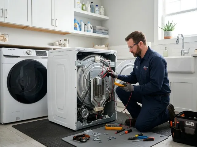 Appliance Repair Hero technician checking a dryer heating element with the rear panel off in Blandon, PA