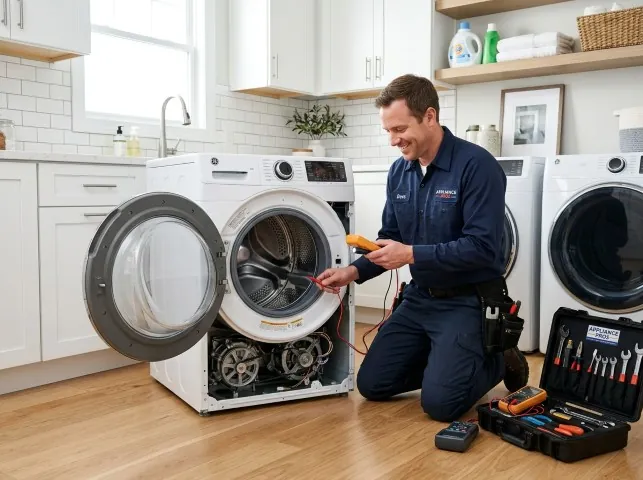 Appliance Repair Hero technician testing a front-load washer with a multimeter on a Blandon, PA service call